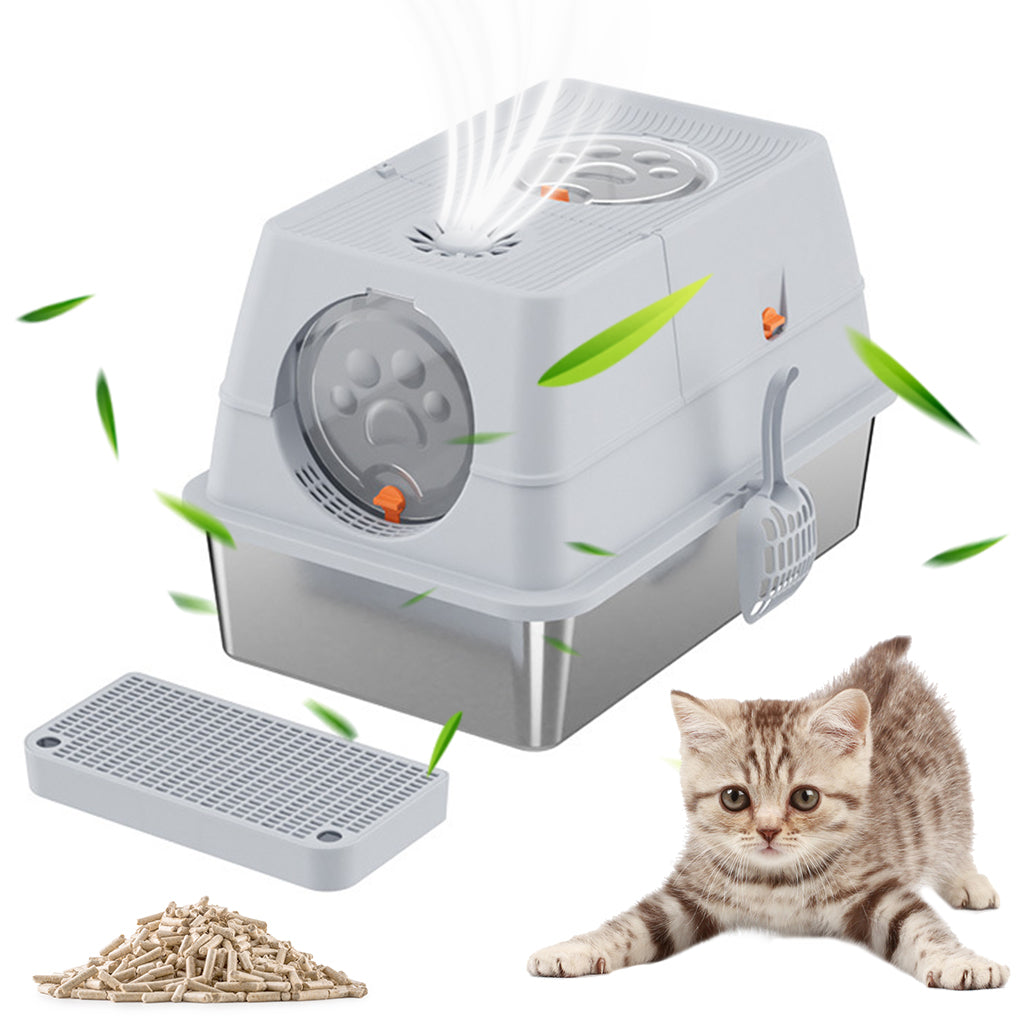 Qpets Stainless Steel Cat Litter Box Dual Doors Anti-Odor Cat Litter Box with Air Vent Includes Cat Litter Catcher & Cat Litter Scoop Enclosed Cat Litter Box with Flip Up Lid, 40x60x39cm Qpets Stainless Steel Cat Litter Box Dual Doors Anti-Odor Cat Litter Box with Air Vent Includes Cat Litter Catcher & Cat Litter Scoop Enclosed Cat Litter Box with Flip Up Lid, 40x60x39cm